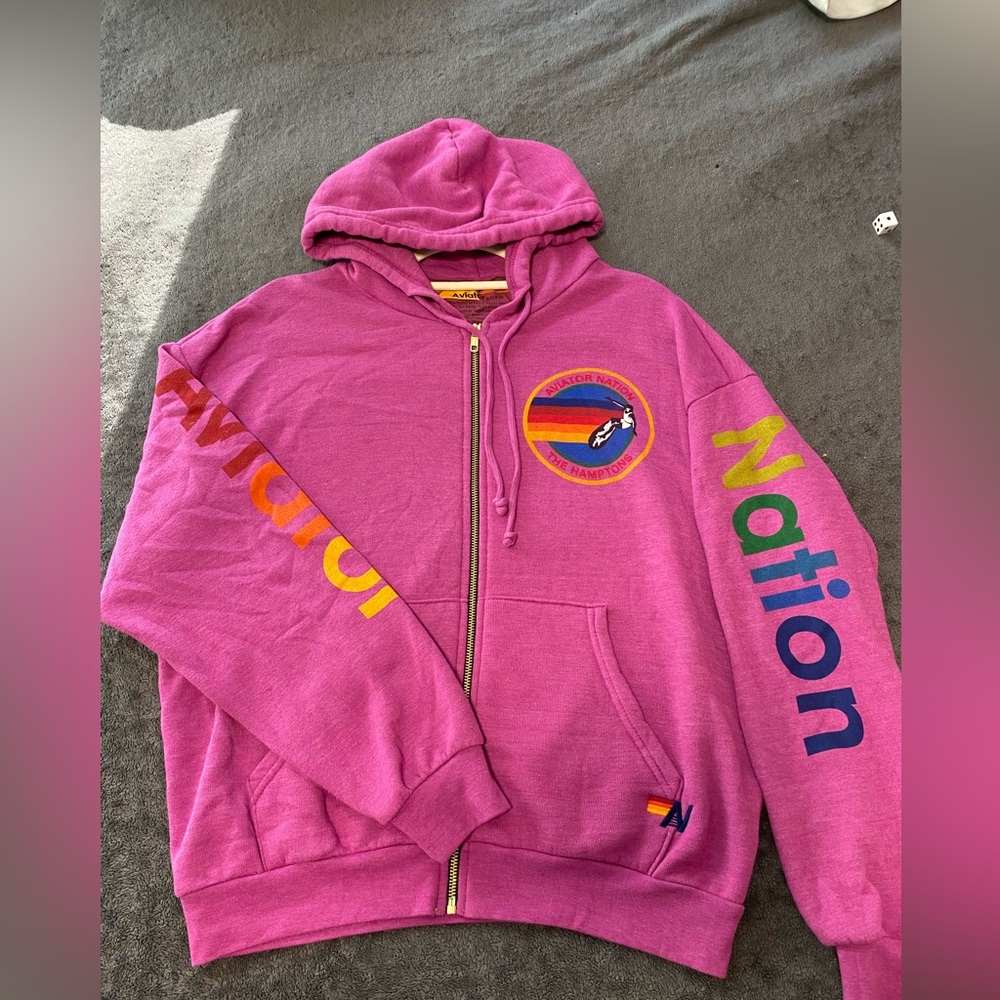Aviator Nation Magenta Hoodie with Rainbow Sleeve